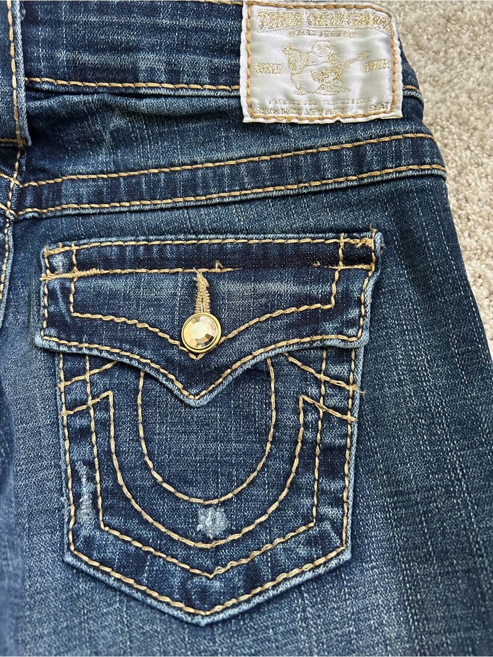 True Religion Women's Dark Blue Denim Bootcut Jeans with Gold Button
